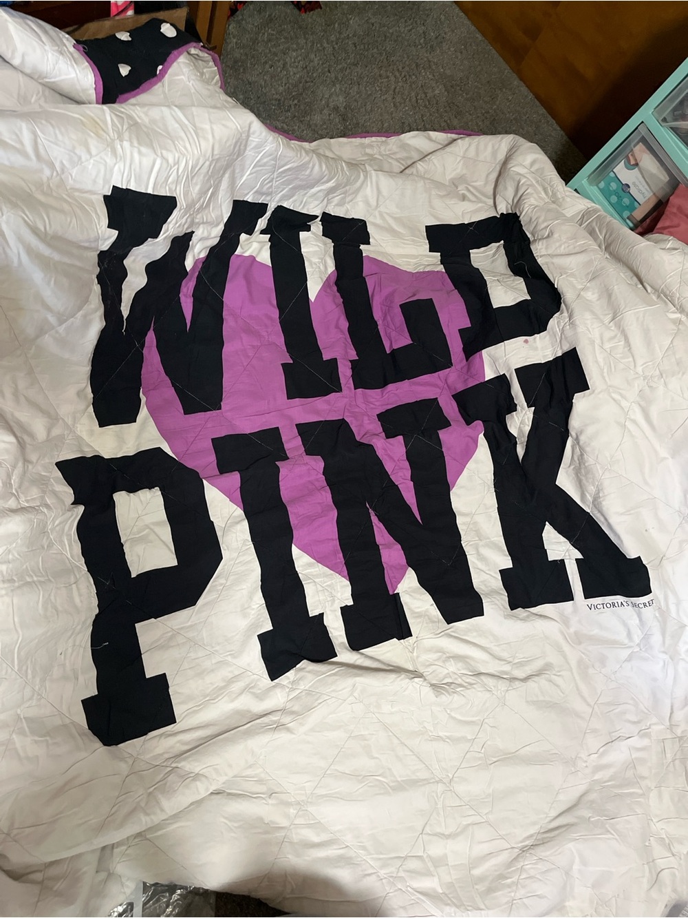 Victoria's Secret White Comforter with Black Lettering and Pink Heart